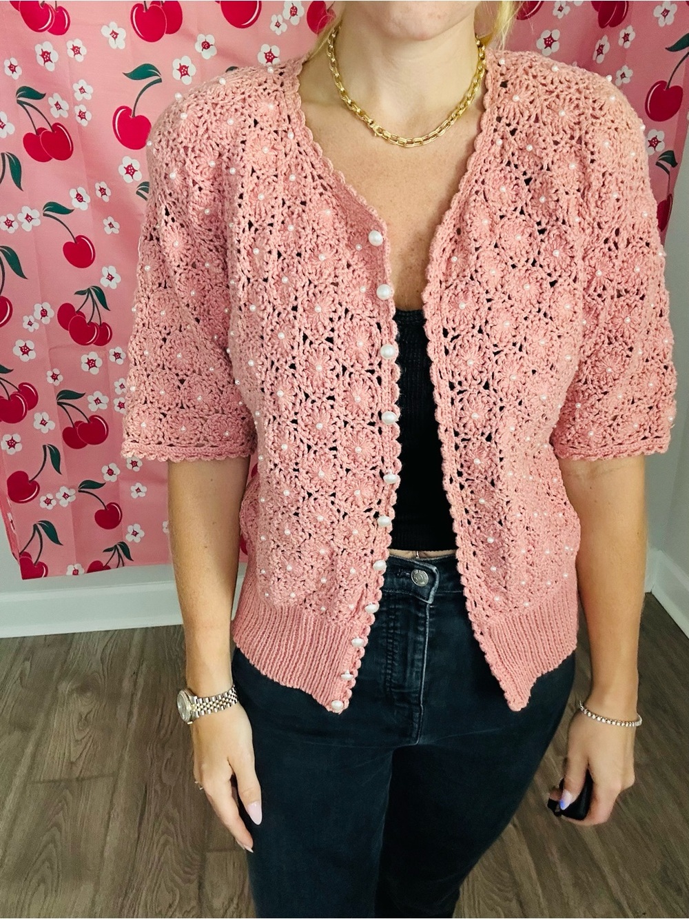 Marisa Christina Pink Crochet Short-Sleeve Cardigan